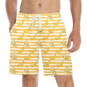 Banana Men Mid Length Shorts, Striped Yellow Funny Beach Swim Trunks Front and Back Pockets Mesh Drawstring Boys Casual Bathing Suit Summer