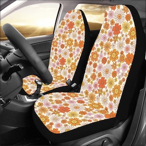 Groovy Flower Car Seat Covers for Vehicle 2 pc, Vintage Floral 70s Hippie Cute Front Car SUV Vans Gift Her Women Truck Protector Accessory