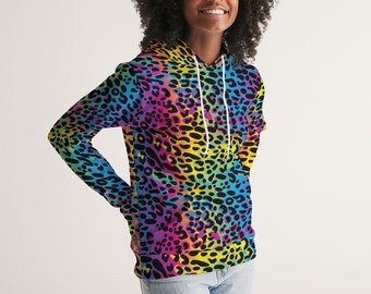 Regenbogen Leopard Frauen Pullover Hoodie, Animal Print Ästhetische Grafik Kapuzen Langarm-Sweatshirt mit Taschen