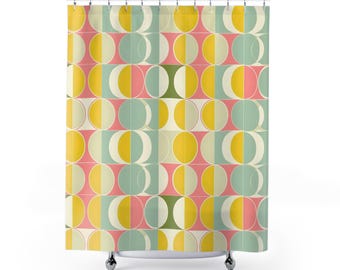 Mid Century Modern Shower Curtain, Yellow Retro Waterproof Fabric Unique Bath Bathroom Decor Cool Unique Housewarming Home Gift 71" x 74"
