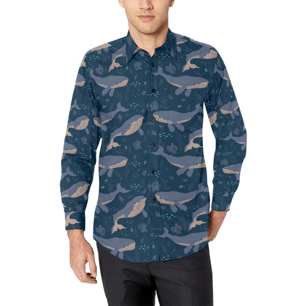 Blue Whale Men Button Up Shirt, Long Sleeve Marine Animals Beach Sea Fish Print Dress Buttoned Collar Dress Shirt with Chest Pocket