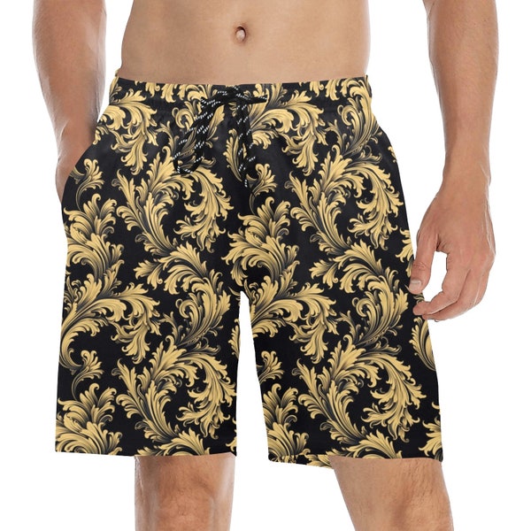 Baroque Men Swim Trunks, 7" Inseam Shorts Black Gold Ornate Beach Pockets Mesh Lining Drawstring Casual Bathing Suit Plus Size Swimwear Guys