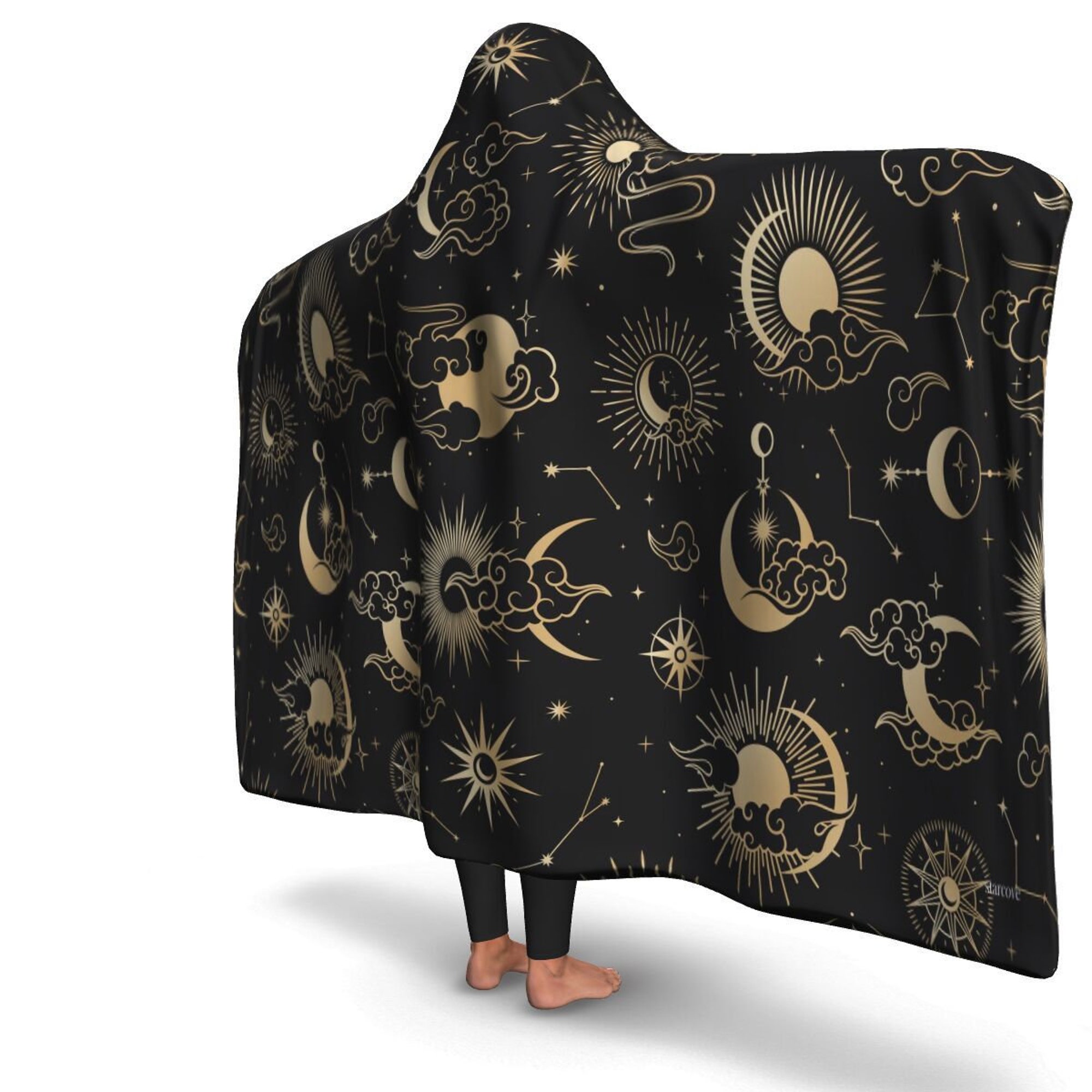 Moon Sun Sherpa Hooded Blanket, Stars Oriental Festival Fleece Microfleece Adult Youth Men Woman Wearable Cloak Winter Gift