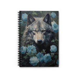 Wolf Blue Roses Spiral Bound Notebook, Goth Travel Pattern Design Small Journal Notepad Ruled Line Book Paper Pad Work Aesthetic