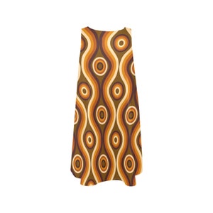 May include: A sleeveless dress with a retro pattern in shades of brown, orange, and cream. The pattern features wavy lines and circles.