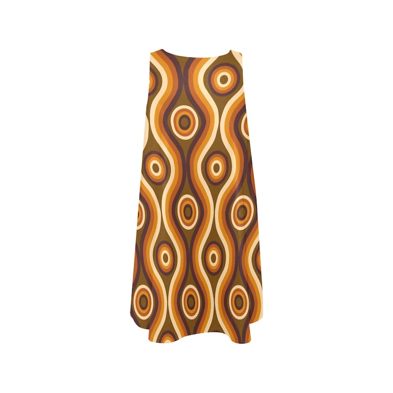 May include: A sleeveless dress with a retro pattern in shades of brown, orange, and cream. The pattern features wavy lines and circles.