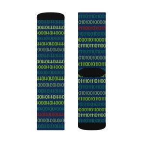 May include: A pair of blue socks with a pattern of green, yellow, and red binary code. The socks have black cuffs and toes.