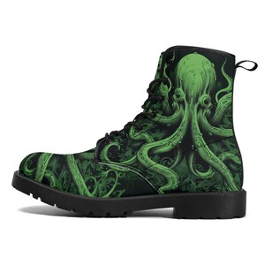Octopus Men Leather Boots, Tentacles Green Vegan Lace Up Shoes Hiking Festival Black Ankle Combat Work Winter Waterproof Custom Gift image 6