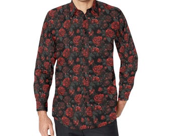 black dress shirt with red roses Grenouille Black Shirt with with Red Rose Accent Details