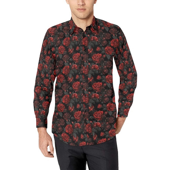 designer dress shirts men Black Yellow Floral Long Sleeve Men Button Up Shirt, Leaves Flowers Print Casual Buttoned Collared Designer Guys Dress Shirt Chest Pocket M