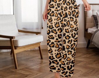 Leopard Muster Frauen Pyjamas Hosen, Gepard Tier Braun Muster Satin PJ Lustige Taschen Hosen Paare Passende Damen Hose Unterteile