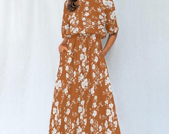 Robe longue fleurie pour femme, fleurs d'automne, taille élastique, fluide, longueur cheville, manches courtes, poches, designer pour dames mignonnes bohème