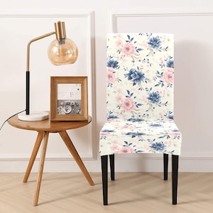 Floral Dining Chair Seat Covers, Blue Pink White Cream Flowers Vintage Retro Stretch Slipcover Furniture Dining Kitchen Room Stool Home