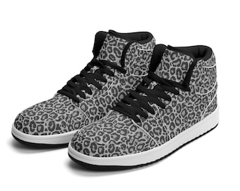 Grey Leopard Men High Top Leather Shoes, Animal Print Cheetah Lace Up Vegan Sneakers Footwear Streetwear White Black Guys Designer Gift Idea