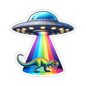 Calcomanía de pegatina OVNI, extraterrestres abduciendo Trex dinosaurio espacio arte vinilo portátil lindo botella de agua vaso coche impermeable parachoques claro estética