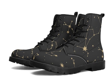 Constellation dames leren laarzen, sterren ruimte veganistische veterschoenen wandelfestival zwart enkelgevecht werk winter waterdicht aangepaste dames