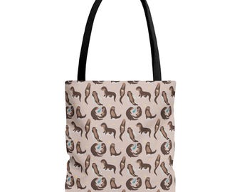 Sea Otter Tote Bag, Cute Beach Marine Animal Gift Canvas Book Market Travel Reusable Art Shoulder Small Large Shopping Bag Purse