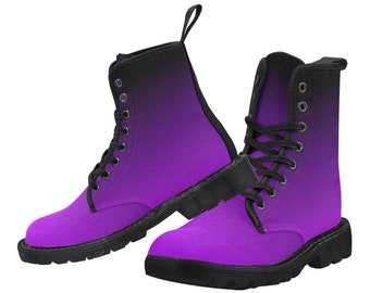 Purple Black Ombre Women's Combat Boots, Gradient Dip Dye Vegan Canvas Lace Up Shoes Print Army Ankle Hiking Winter Casual Custom Ladies