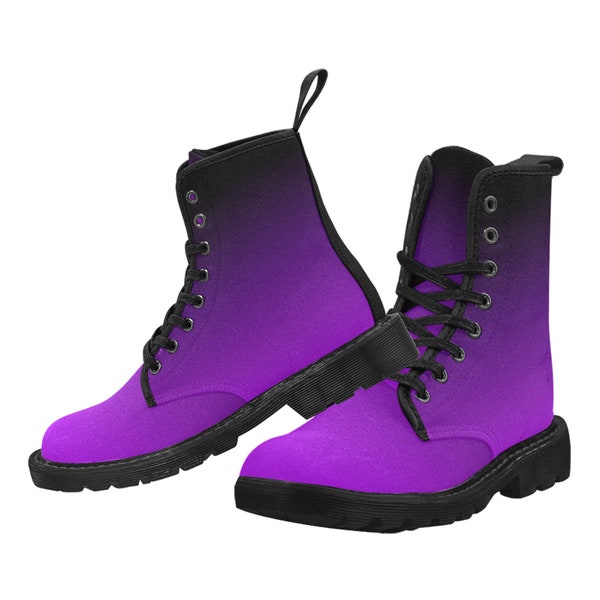 Purple Black Ombre Women's Combat Boots, Gradient Dip Dye Vegan Canvas Lace Up Shoes Print Army Ankle Hiking Winter Casual Custom Ladies