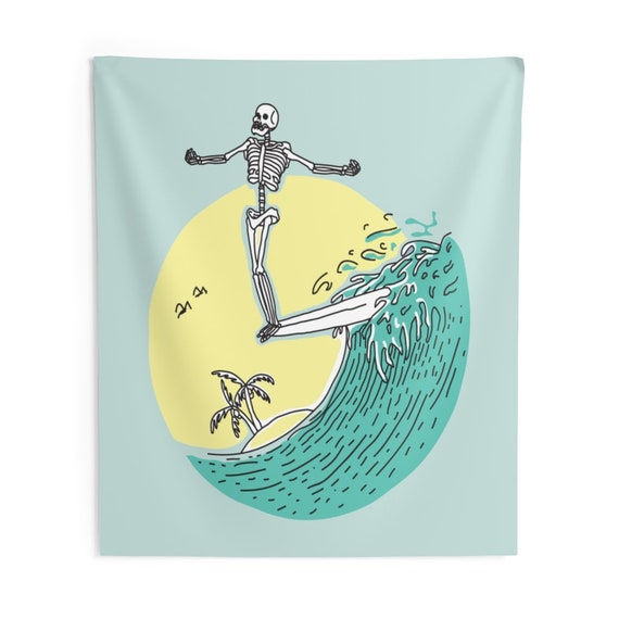 Skeleton Surfing Tapestry Skull Ocean Waves Surf Beach Green Vertical Wall Art Hanging Large Small Unique College Dorm Bedroom Aesthetic Etsy