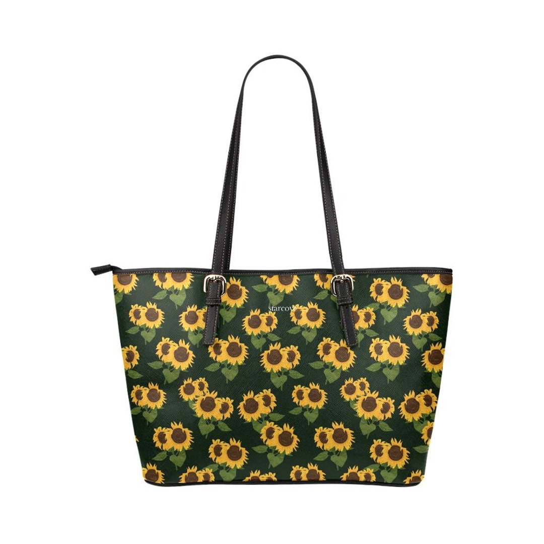 Sunflower Purse Leather Tote Bag, Floral Flower Black Yellow Summer