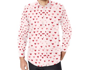 Pink Hearts Long Sleeve Men Button Up Shirt, Valentine's Day Fun Print Dress Male Buttoned Collar Casual Dress Shirt with Chest Pocket