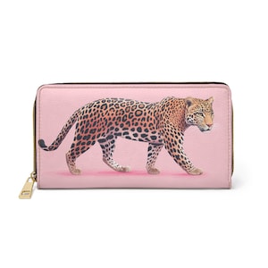 Portafoglio in pelle di leopardo da donna, ghepardo rosa, vegano, con cerniera, con monete, carte di credito, tasca per contanti, da donna, sottile, pochette