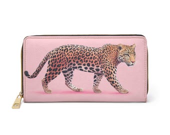Leopard Leather Wallet Women, Pink Animal Cheetah Vegan Zipper Zip Around Coins Credit Cards Pocket Cash Ladies Female Slim Clutch Purse