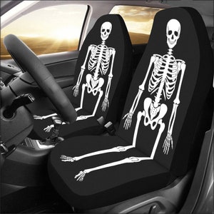Skeleton Car Seat Covers 2 pc, Goth Bones Print Black White Skull Front Seat Universal Fit Car SUV Seat Protector Accessory Decoration