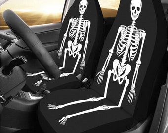 Skeleton Car Seat Covers 2 pc, Goth Bones Print Black White Skull Front Seat Universal Fit Car SUV Seat Protector Accessory Decoration