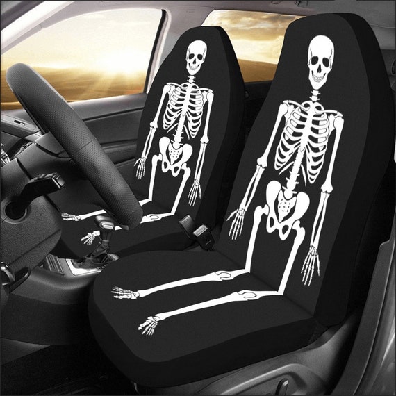 Skeleton Car Seat Covers 2 Pc, Goth Bones Print Black White Skull