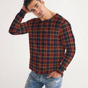 Tartan Plaid Men Long Sleeve Tshirt, Blue Red Check Unisex Women Designer Graphic Aesthetic Crew Neck Tee