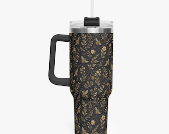 Bee Floral 40 oz Tumbler with Handle Straw, Black Honeycomb Stainless Steel Cup Travel Mug Coffee Insulated Sublimation Office Men Women