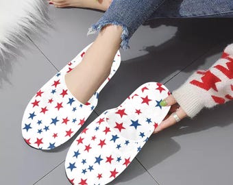 Red White Blue Stars Women's House Slide Slippers, Patriotic American USA Handmade Bedroom Cozy Winter Bedroom Shoes Gift for Her Loungewear