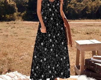 Black Floral Maxi Dress, White Flowers Long Spaghetti Straps Flowy Women  Sleeveless Casual Cute Designer Elegant Plus Size Cocktail Party - Etsy