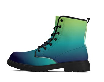 Blue Green Ombre Women Leather Boots, Teal Gradient Tie Dye