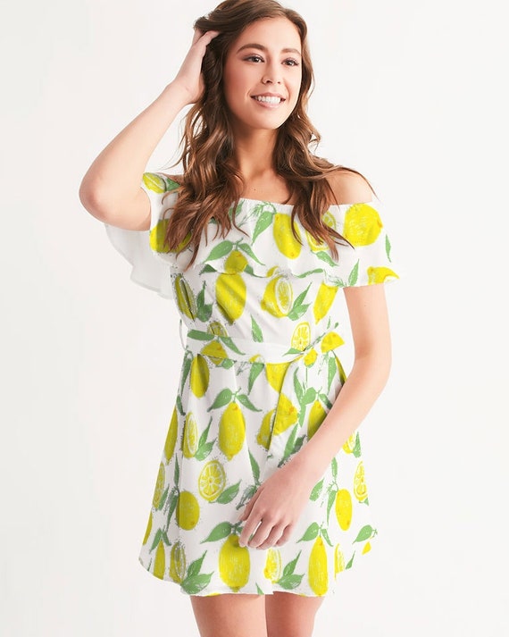 Lemons Women off Shoulder Dress Summer Fruits White Yellow Cocktail Mini Cute Handmade Designer Ruffle Dress With Belt Etsy