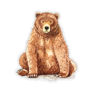 Autocollant ours brun, assis mignon Aquarelle Vinyle Décalcomanie Étiquette Téléphone Transparent Clair Petit Grand Cool Art Ordinateur Hydro Flacon