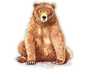 Brown Bear Sticker, Sitting Cute Watercolor Vinyl Decal Label Phone Transparent Clear Small Large Cool Art Computer Hydro Flask