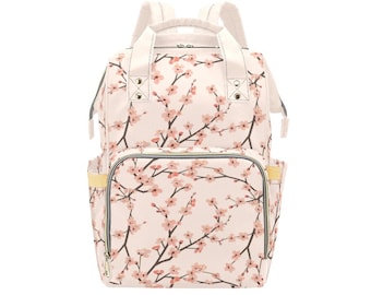 Cherry Blossom Floral Diaper Bag Backpack, Blush Pink Flowers Baby Girl Waterproof Insulated Pockets Mom Designer Men Women Multipurpose
