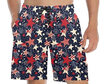 American Flag Men Swim Trunks, Stars Stripes Red White Blue Shorts USA Beach Pockets Mesh Drawstring 4th of July Bathing Suit Plus Size