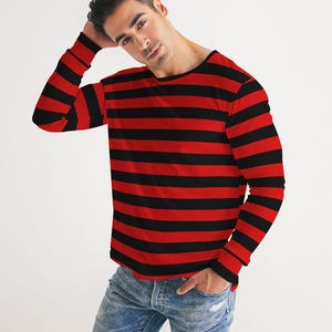 Red and Black Striped Men Long Sleeve Tshirt, Wide Stripe Unisex Guys Women Designer Graphic Aesthetic Crew Neck Tee Shirt