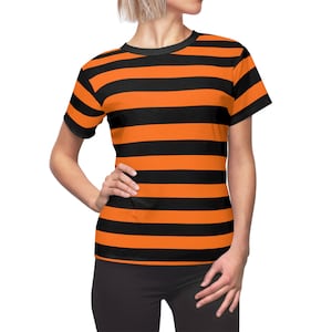 Black and Orange Striped Women Tshirt, Halloween Designer Adult Graphic Aesthetic Fashion Fitted Crewneck Tee Shirt Top