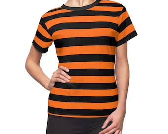 Zwart en oranje gestreepte damest-shirt, Halloween-ontwerper volwassen grafische esthetische mode-getailleerd T-shirt met ronde hals