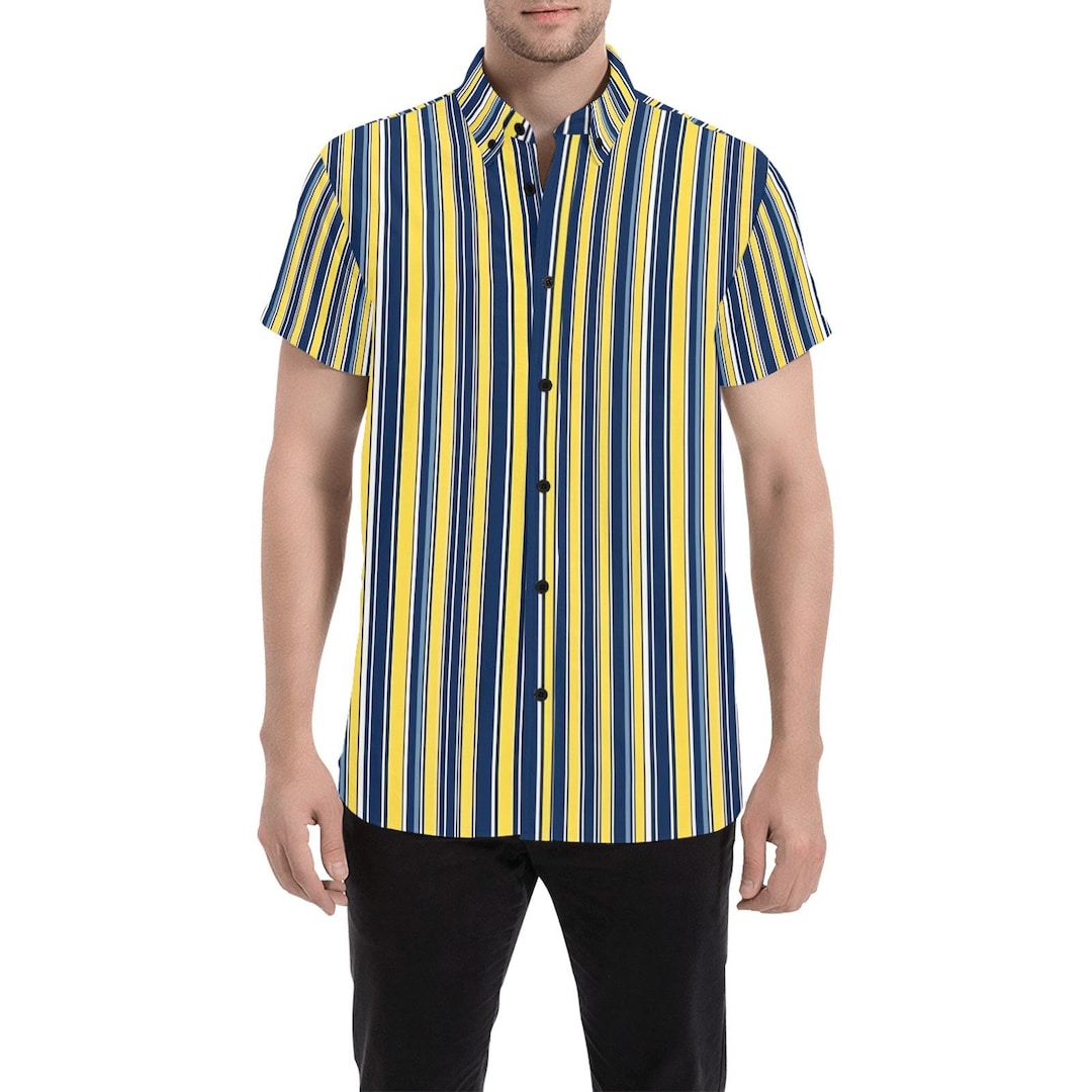 Blue and Yellow Short Sleeve Men Button Down Shirt, Vertical Stripes Vintage Retro Print Casual Buttoned Summer Dress Collared Shirt S