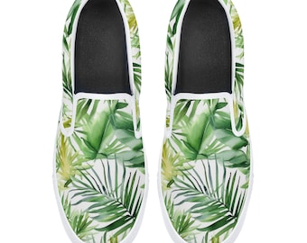Tropical Men Slip On Canvas Shoe, Summer Leaves Sneakers Green White Low Top Casual Aesthetic Designer Shoes