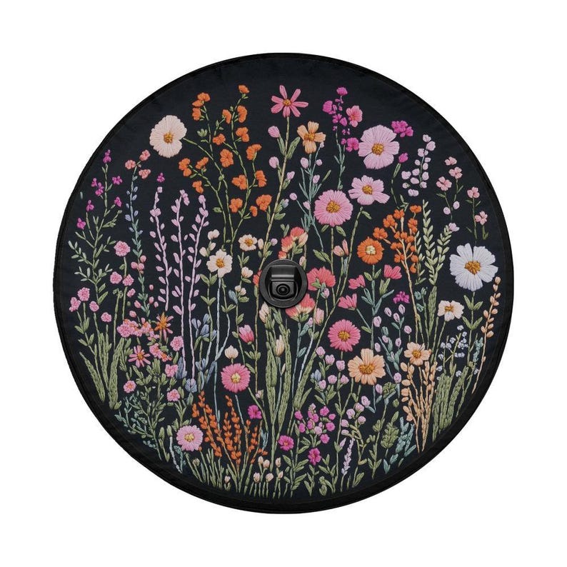 Wild Flowers Spare Tire Cover, Faux Embroidery Pastel Printed Grassy Botanicals Floral Wheel Unique Backup Camera Hole Trailer Back Women RV image 9