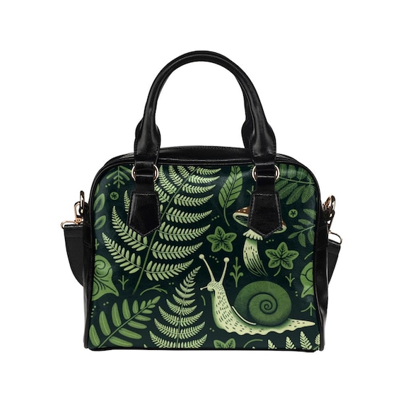 Forest Green Leather Purse, Vintage Leaves Cottagecore Plants Ferns Snail Mushroom Print Small Shoulder Women Designer Handbag Ladies Bag