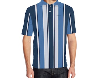 Blue Vertical Striped Men Polo Shirt, 90s Vintage Stripe Short Sleeve Classic Collared Button Down Up Rugby Golf Polo Gift for Him