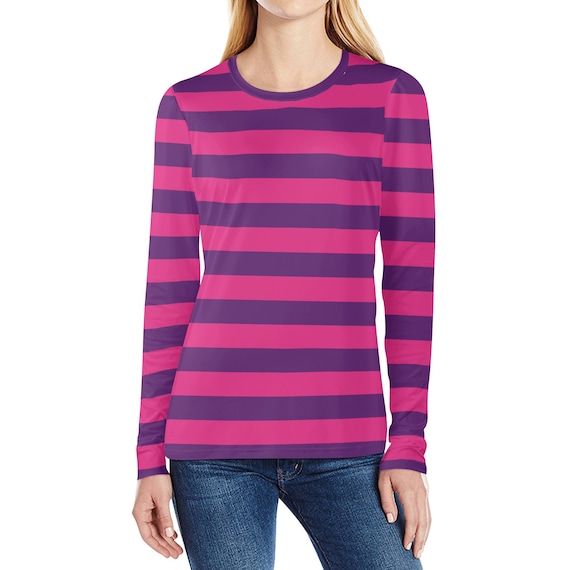 【日本未発売】 Pink and Purple Striped Women Long Sleeve Tshirt, Designer Gymnastics